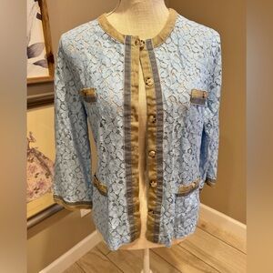 NWOT! LINEA Lace and Ribbon Trim Blue Cardigan